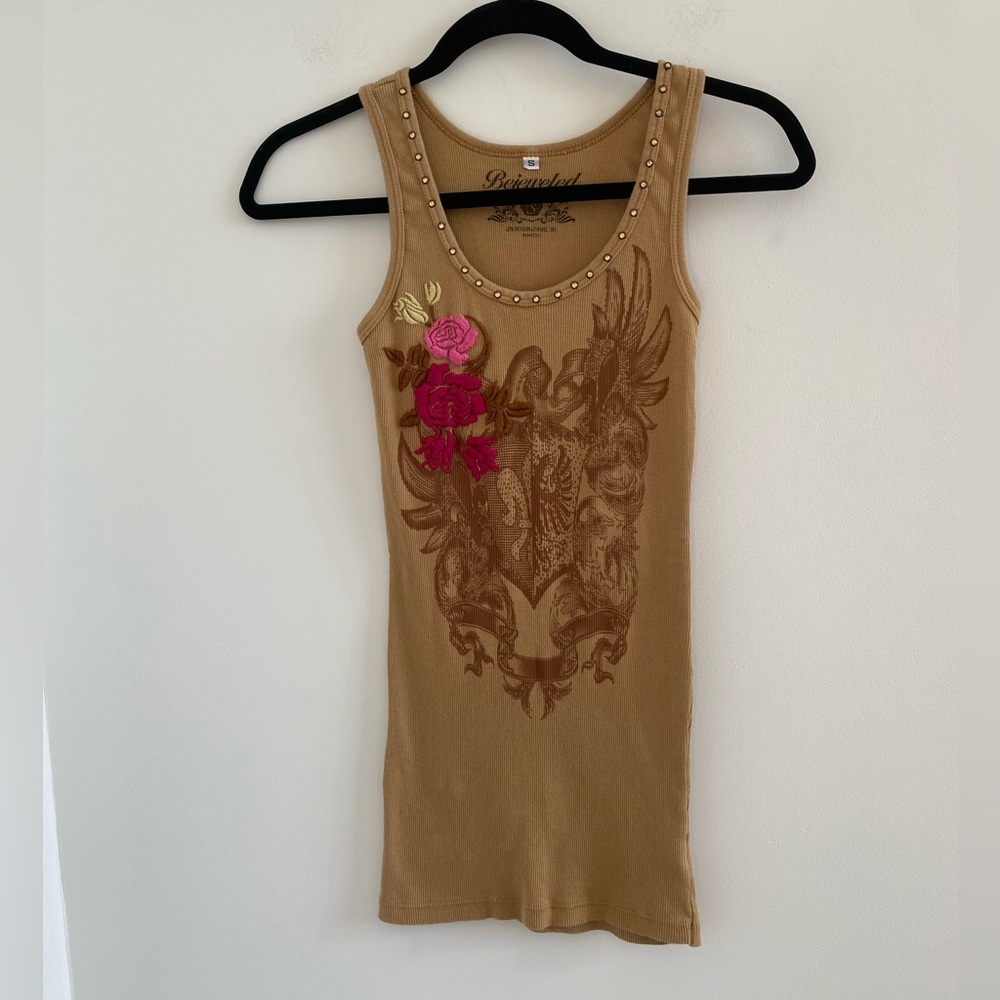 Bejeweled Tan Y2K Bohemian Embroidered Floral Rhinestone Tank Top Size Small
